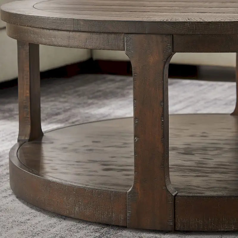 Table basse ronde à 2 niveaux avec roulettes, marron foncé / chêne antique, grain de bois