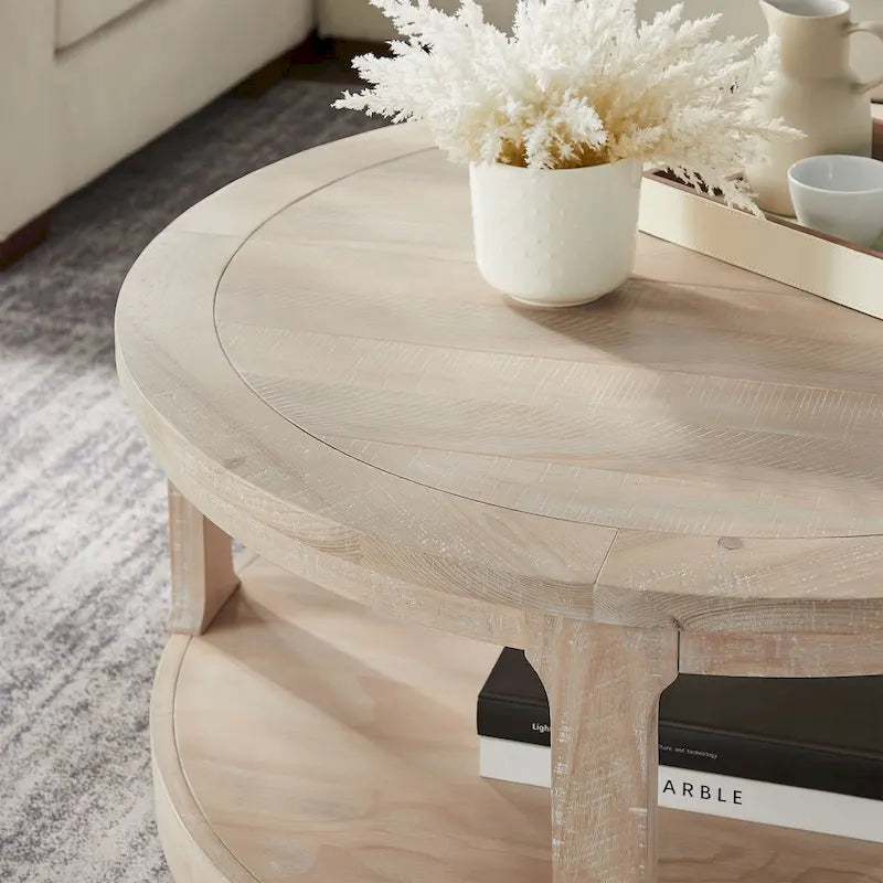 Table basse ronde à 2 niveaux avec roulettes, marron foncé / chêne antique, grain de bois