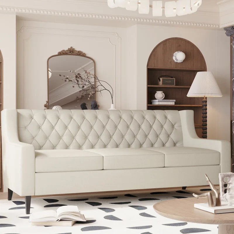 Canapé 3 places moderne du milieu du siècle, gris/beige, dossier touffeté, 3 places assises