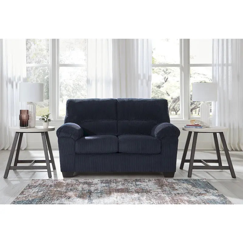 Causeuse décontractée en velours côtelé noir/beige/bleu avec sommier tapissier, 2 places