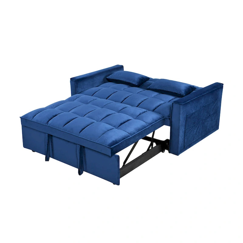Causeuse futon moderne en velours avec dossier inclinable et poches, 2 places — Gris foncé / Gris clair / Bleu / Noir