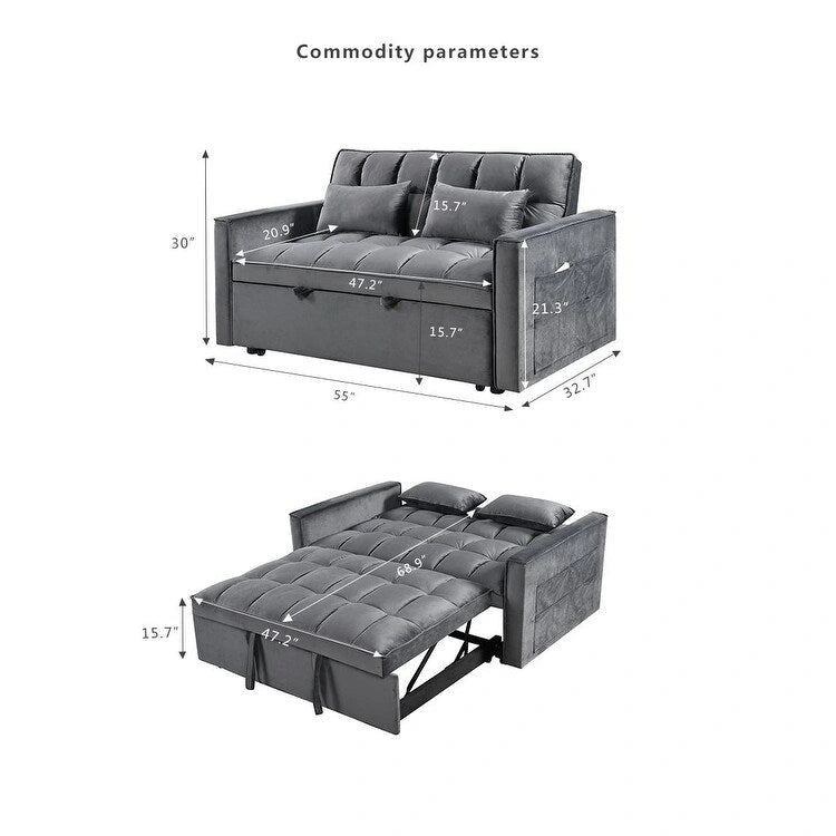 Causeuse futon moderne en velours avec dossier inclinable et poches, 2 places — Gris foncé / Gris clair / Bleu / Noir