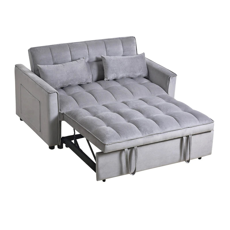 Causeuse futon moderne en velours avec dossier inclinable et poches, 2 places — Gris foncé / Gris clair / Bleu / Noir