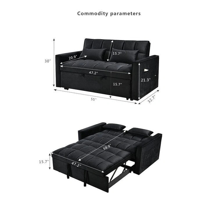 Causeuse futon moderne en velours avec dossier inclinable et poches, 2 places — Gris foncé / Gris clair / Bleu / Noir
