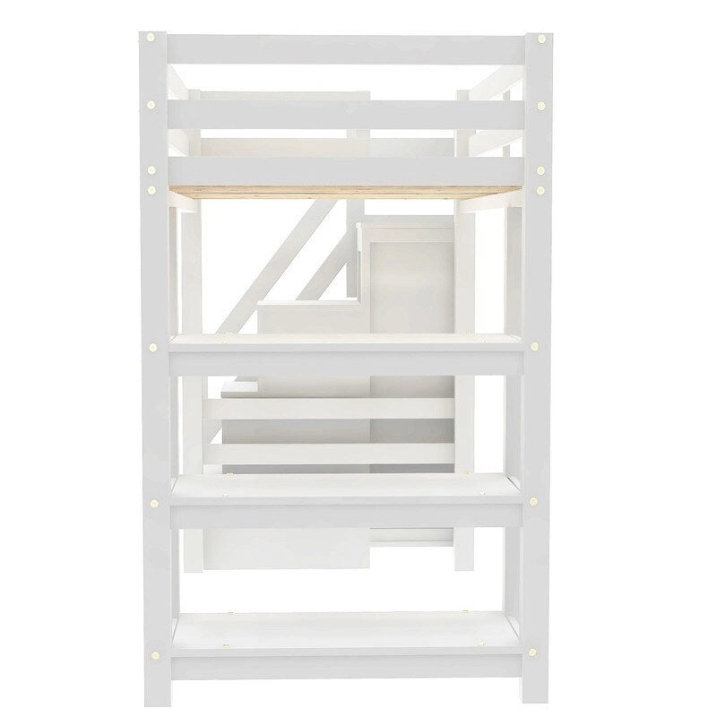 Lit mezzanine double avec armoire, escalier de rangement, étagères et lumière LED, pin naturel, simple