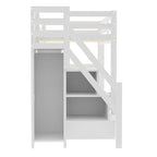 Lit mezzanine double avec armoire, escalier de rangement, étagères et lumière LED, pin naturel, simple