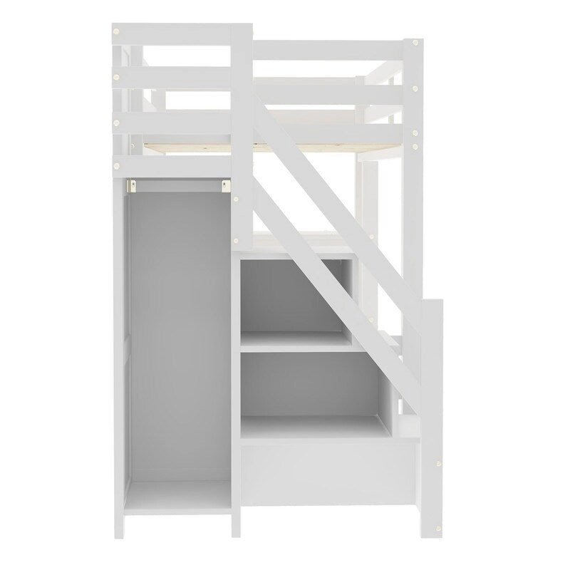 Lit mezzanine double avec armoire, escalier de rangement, étagères et lumière LED, pin naturel, simple