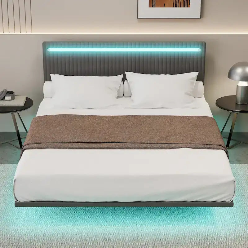 Lit plateforme flottant avec éclairage DEL, gris / beige, velours capitonné, taille double / grand, pour 2 personnes