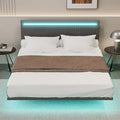 Lit plateforme flottant avec éclairage DEL, gris / beige, velours capitonné, taille double / grand, pour 2 personnes