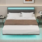 Lit plateforme flottant avec éclairage DEL, gris / beige, velours capitonné, taille double / grand, pour 2 personnes