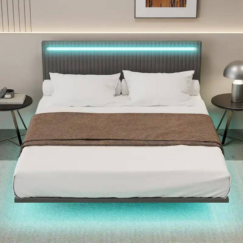 Lit plateforme flottant avec éclairage DEL, gris / beige, velours capitonné, taille double / grand, pour 2 personnes