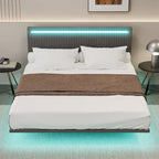 Lit plateforme flottant avec éclairage DEL, gris / beige, velours capitonné, taille double / grand, pour 2 personnes
