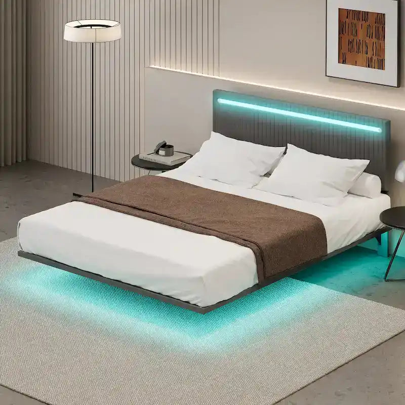 Lit plateforme flottant avec éclairage DEL, gris / beige, velours capitonné, taille double / grand, pour 2 personnes