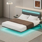 Lit plateforme flottant avec éclairage DEL, gris / beige, velours capitonné, taille double / grand, pour 2 personnes