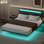 Lit plateforme flottant avec éclairage DEL, gris / beige, velours capitonné, taille double / grand, pour 2 personnes