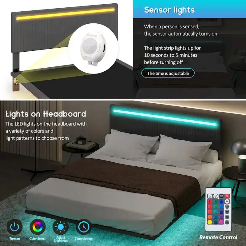 Lit plateforme flottant avec éclairage DEL, gris / beige, velours capitonné, taille double / grand, pour 2 personnes