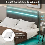 Lit plateforme flottant avec éclairage DEL, gris / beige, velours capitonné, taille double / grand, pour 2 personnes