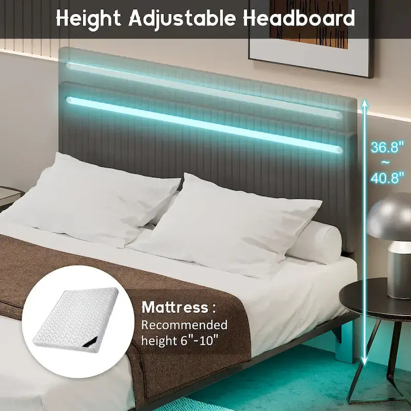 Lit plateforme flottant avec éclairage DEL, gris / beige, velours capitonné, taille double / grand, pour 2 personnes