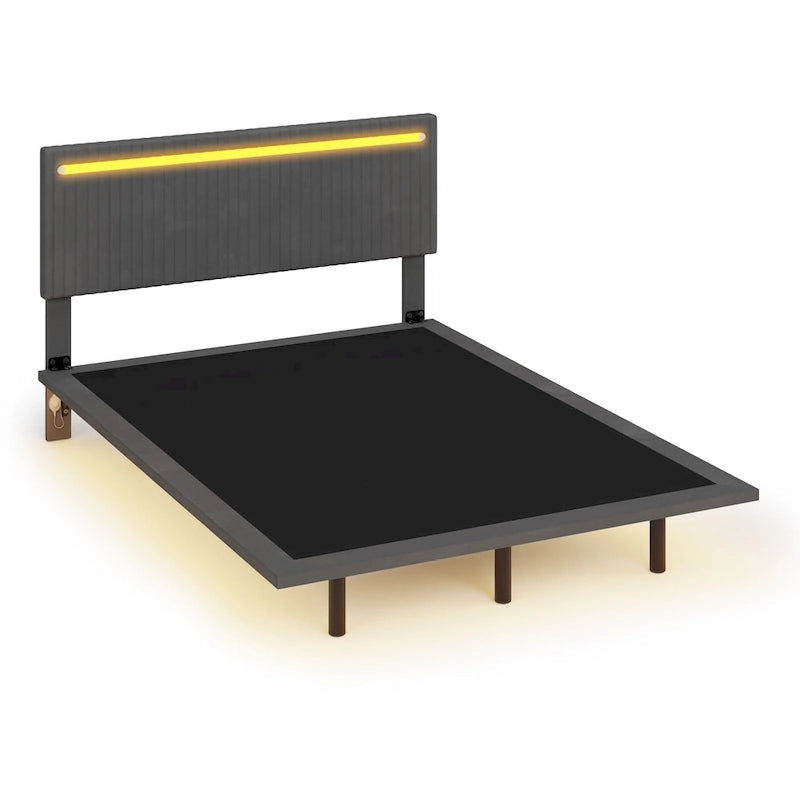 Lit plateforme flottant avec éclairage DEL, gris / beige, velours capitonné, taille double / grand, pour 2 personnes