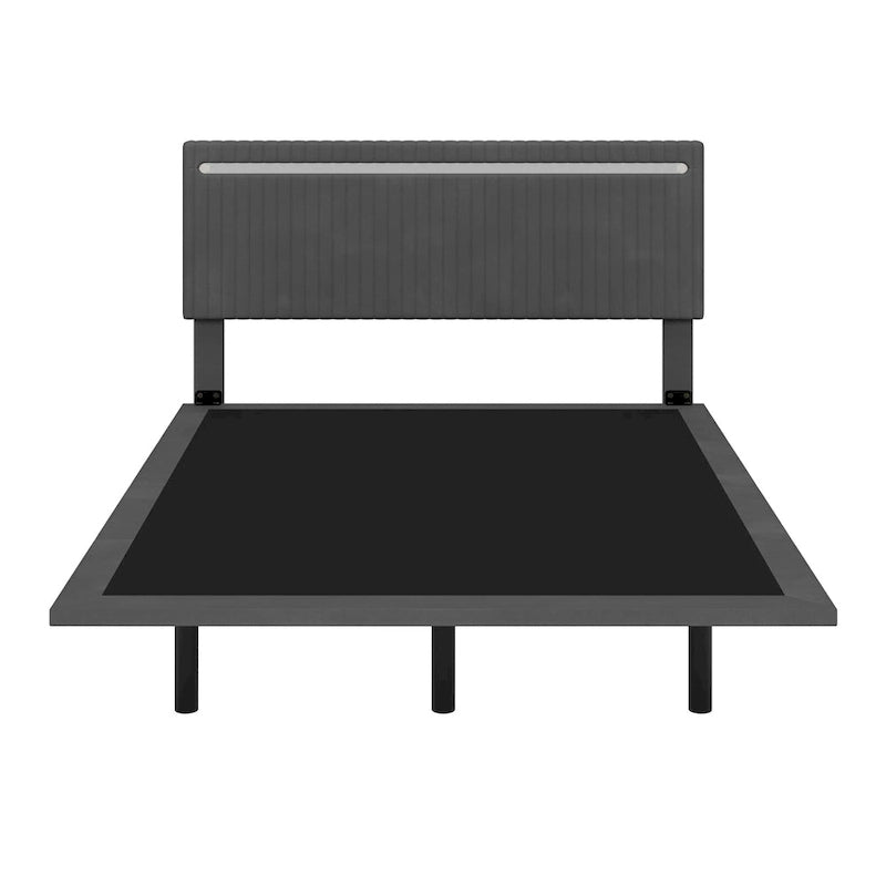 Lit plateforme flottant avec éclairage DEL, gris / beige, velours capitonné, taille double / grand, pour 2 personnes