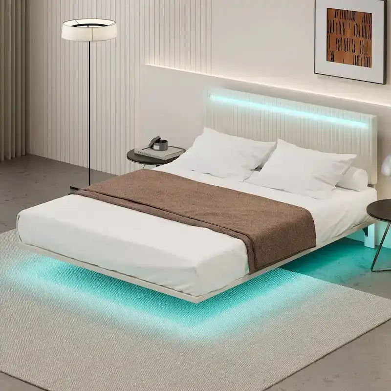 Lit plateforme flottant avec éclairage DEL, gris / beige, velours capitonné, taille double / grand, pour 2 personnes