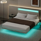 Lit plateforme flottant avec éclairage DEL, gris / beige, velours capitonné, taille double / grand, pour 2 personnes