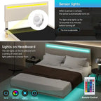 Lit plateforme flottant avec éclairage DEL, gris / beige, velours capitonné, taille double / grand, pour 2 personnes