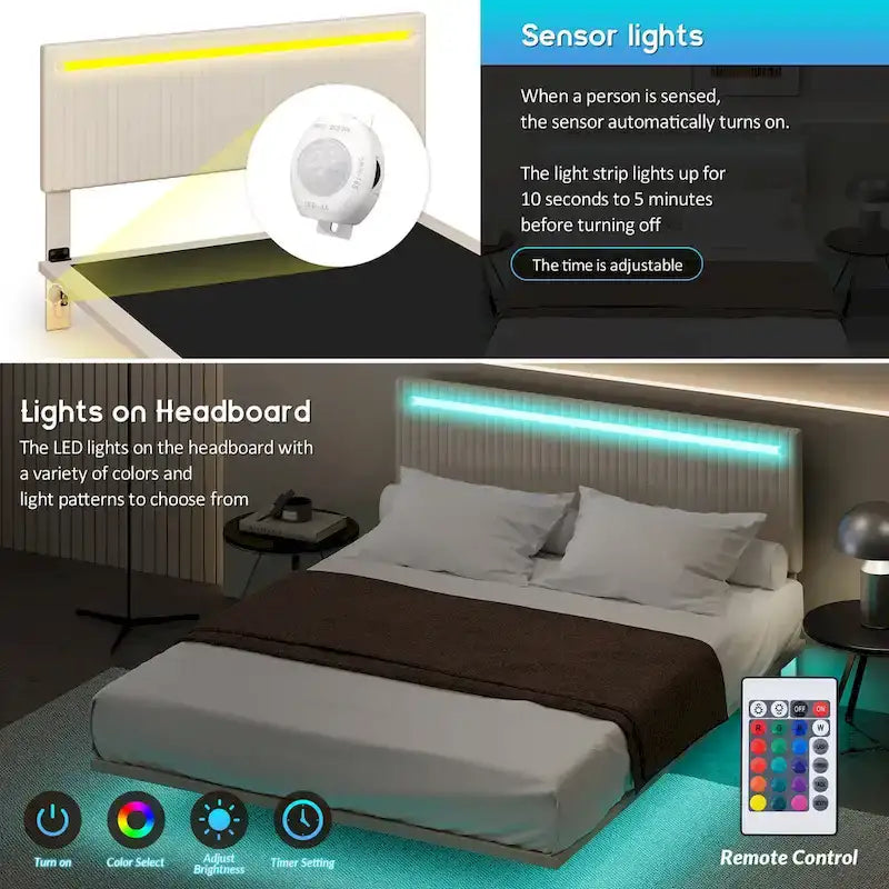 Lit plateforme flottant avec éclairage DEL, gris / beige, velours capitonné, taille double / grand, pour 2 personnes