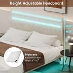 Lit plateforme flottant avec éclairage DEL, gris / beige, velours capitonné, taille double / grand, pour 2 personnes