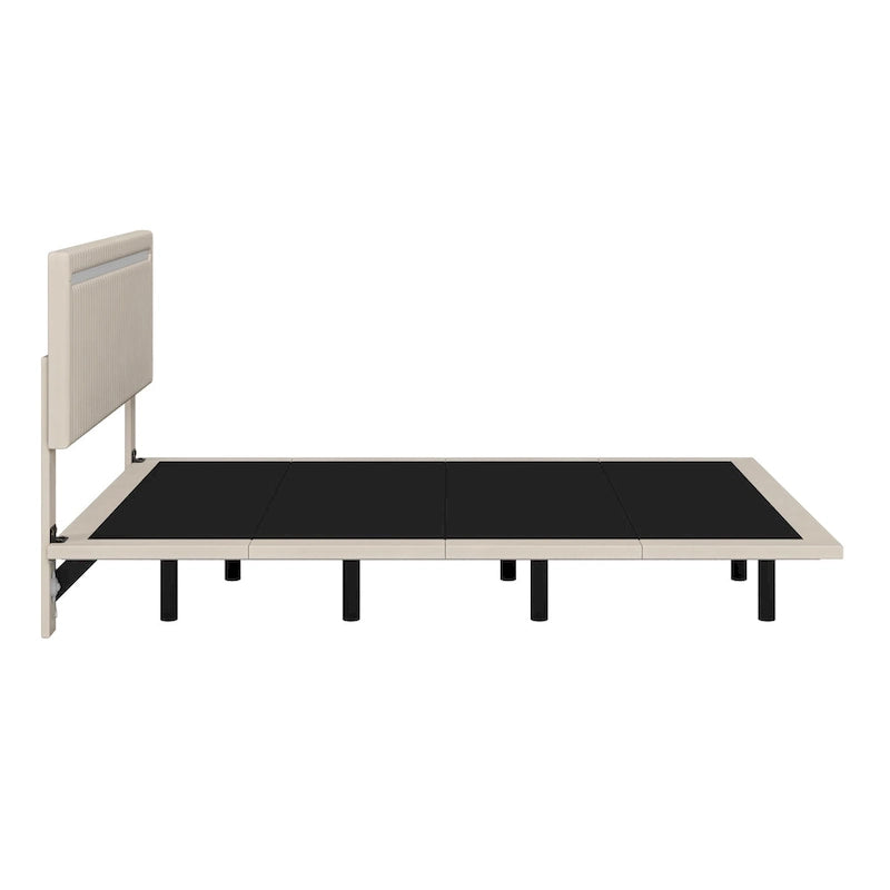 Lit plateforme flottant avec éclairage DEL, gris / beige, velours capitonné, taille double / grand, pour 2 personnes