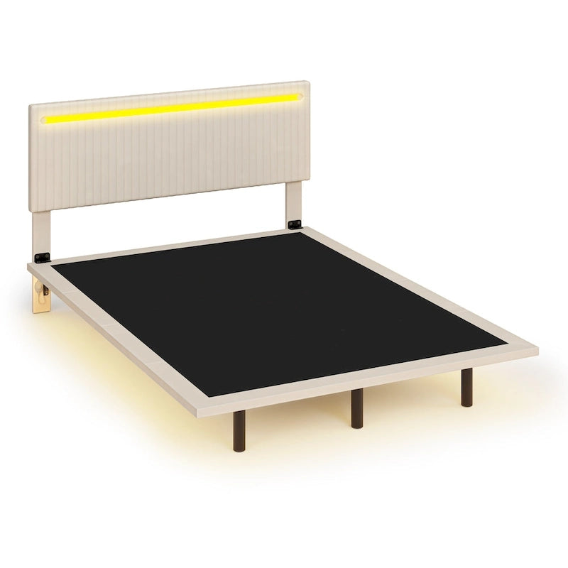 Lit plateforme flottant avec éclairage DEL, gris / beige, velours capitonné, taille double / grand, pour 2 personnes