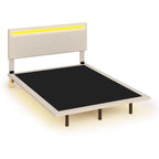 Lit plateforme flottant avec éclairage DEL, gris / beige, velours capitonné, taille double / grand, pour 2 personnes