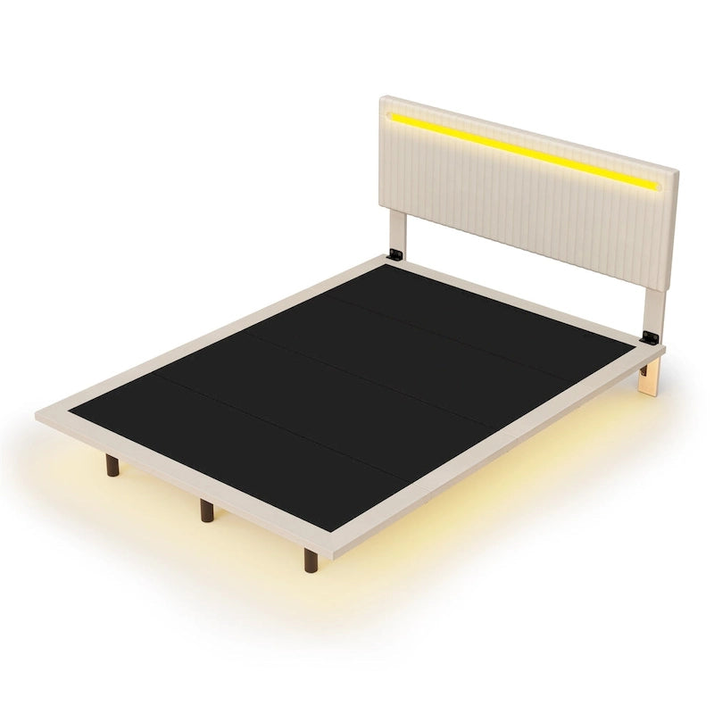 Lit plateforme flottant avec éclairage DEL, gris / beige, velours capitonné, taille double / grand, pour 2 personnes