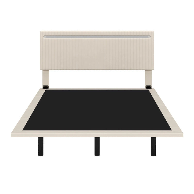 Lit plateforme flottant avec éclairage DEL, gris / beige, velours capitonné, taille double / grand, pour 2 personnes