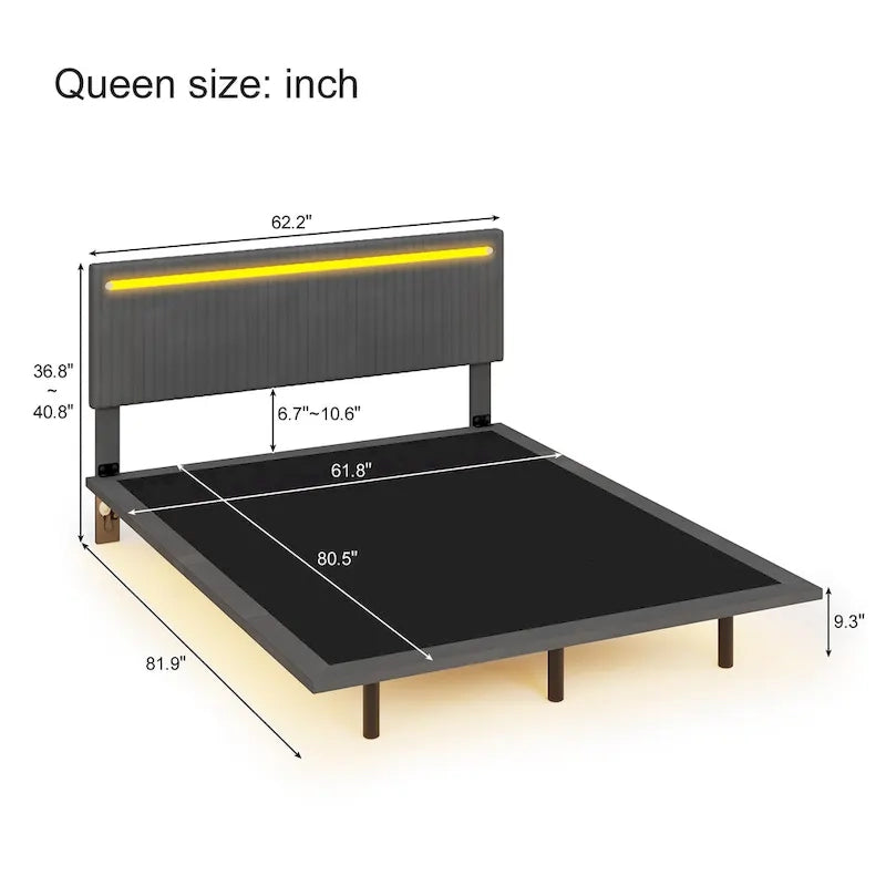 Lit plateforme flottant avec éclairage DEL, gris / beige, velours capitonné, taille double / grand, pour 2 personnes