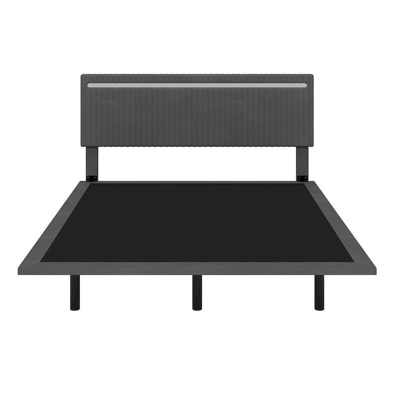Lit plateforme flottant avec éclairage DEL, gris / beige, velours capitonné, taille double / grand, pour 2 personnes