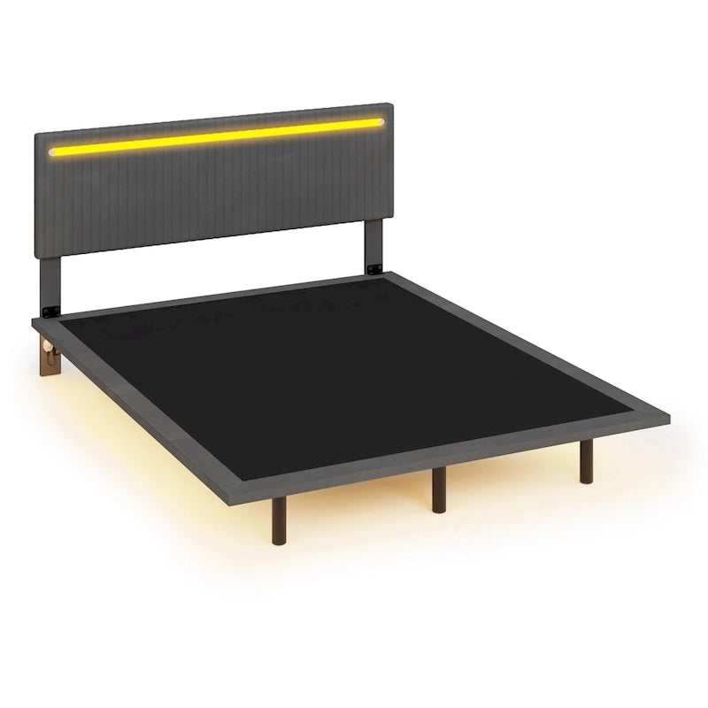 Lit plateforme flottant avec éclairage DEL, gris / beige, velours capitonné, taille double / grand, pour 2 personnes