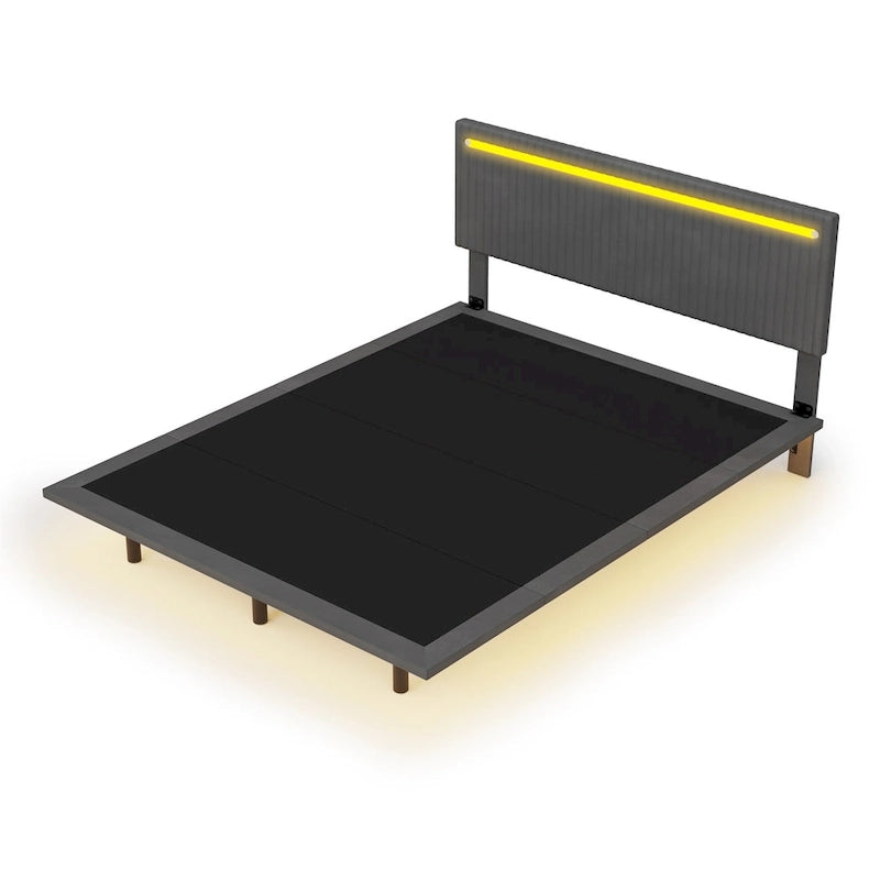 Lit plateforme flottant avec éclairage DEL, gris / beige, velours capitonné, taille double / grand, pour 2 personnes