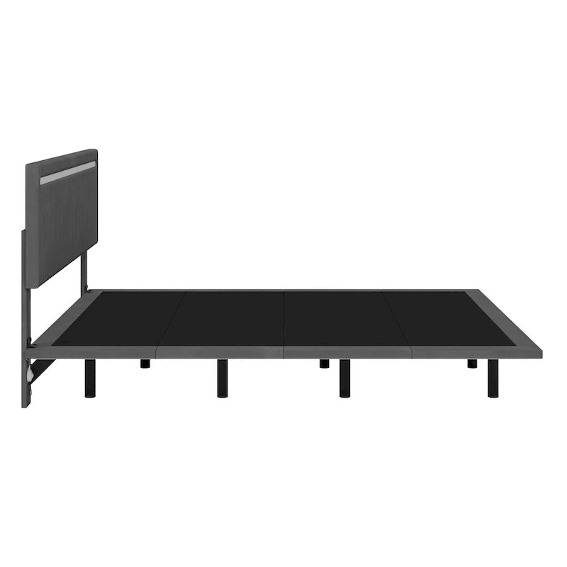 Lit plateforme flottant avec éclairage DEL, gris / beige, velours capitonné, taille double / grand, pour 2 personnes