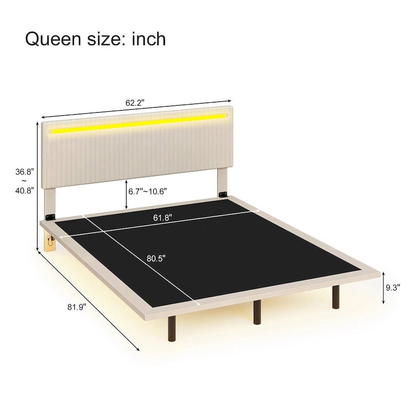 Lit plateforme flottant avec éclairage DEL, gris / beige, velours capitonné, taille double / grand, pour 2 personnes