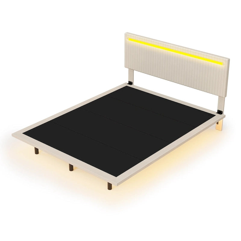 Lit plateforme flottant avec éclairage DEL, gris / beige, velours capitonné, taille double / grand, pour 2 personnes