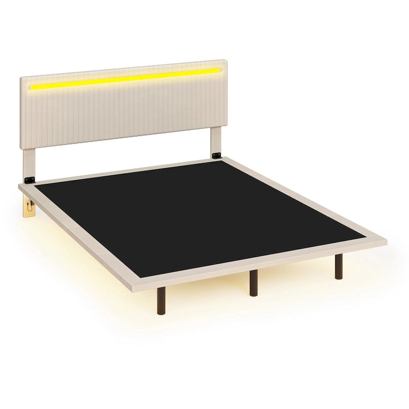Lit plateforme flottant avec éclairage DEL, gris / beige, velours capitonné, taille double / grand, pour 2 personnes