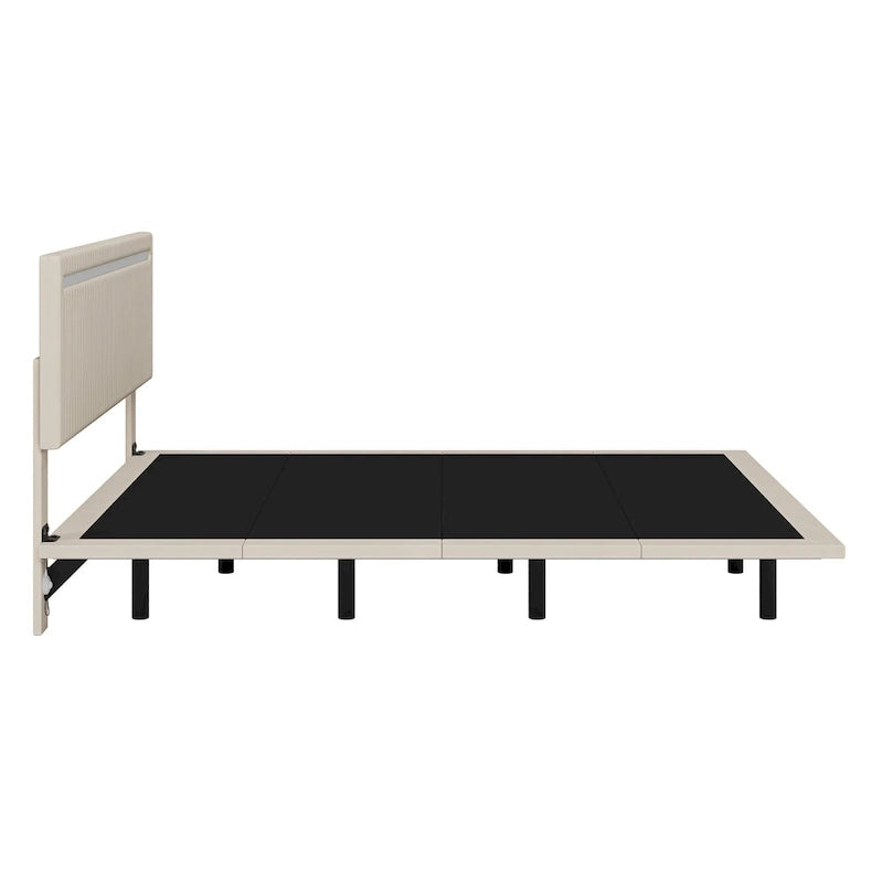 Lit plateforme flottant avec éclairage DEL, gris / beige, velours capitonné, taille double / grand, pour 2 personnes