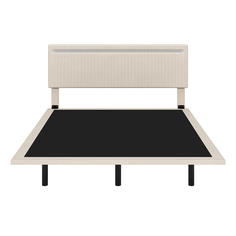 Lit plateforme flottant avec éclairage DEL, gris / beige, velours capitonné, taille double / grand, pour 2 personnes