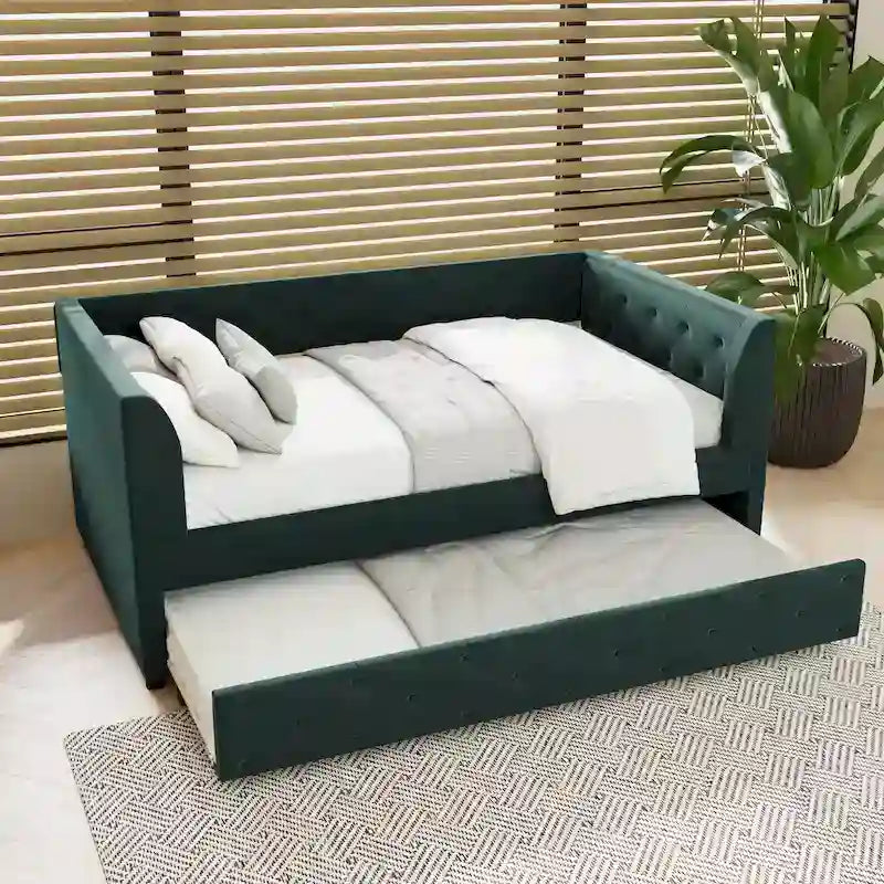 Lit de repos double en velours capitonné avec lit gigogne, rose / vert, pour 2 personnes