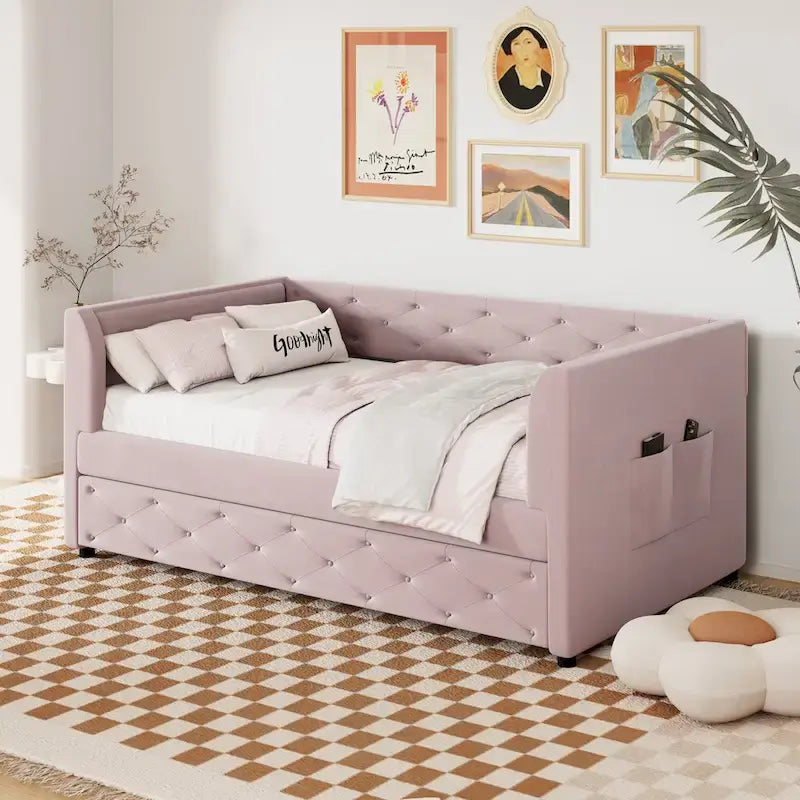 Lit de repos double en velours capitonné avec lit gigogne, rose / vert, pour 2 personnes