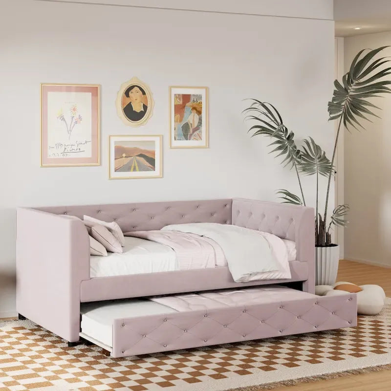 Lit de repos double en velours capitonné avec lit gigogne, rose / vert, pour 2 personnes