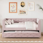 Lit de repos double en velours capitonné avec lit gigogne, rose / vert, pour 2 personnes