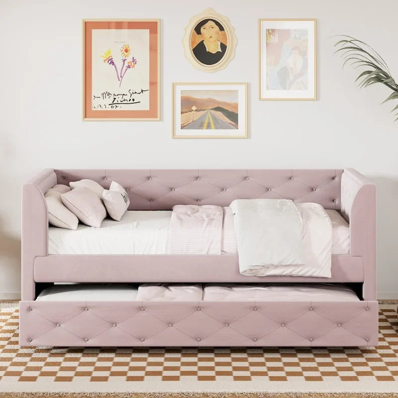 Lit de repos double en velours capitonné avec lit gigogne, rose / vert, pour 2 personnes