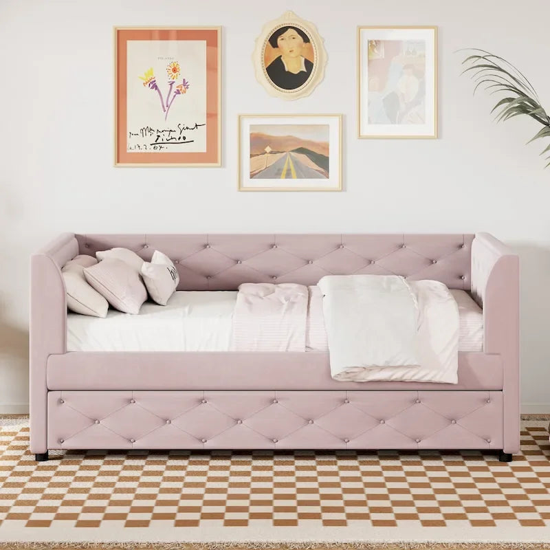 Lit de repos double en velours capitonné avec lit gigogne, rose / vert, pour 2 personnes